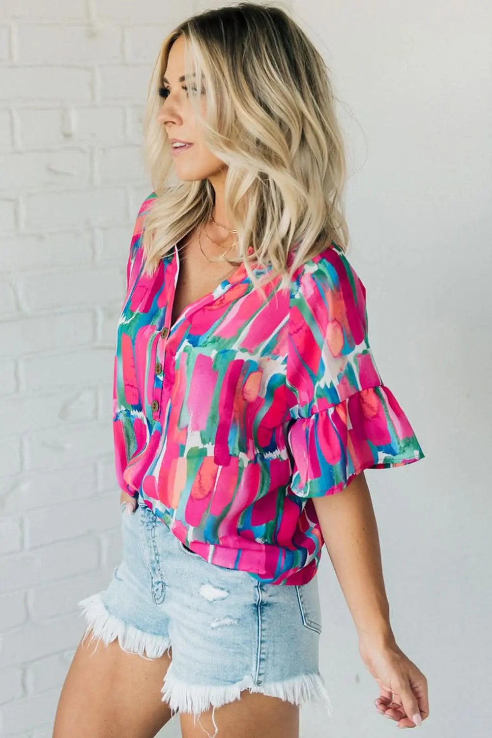 Rose Abstract Brushwork Print Buttoned V Neck Blouse - Love Salve